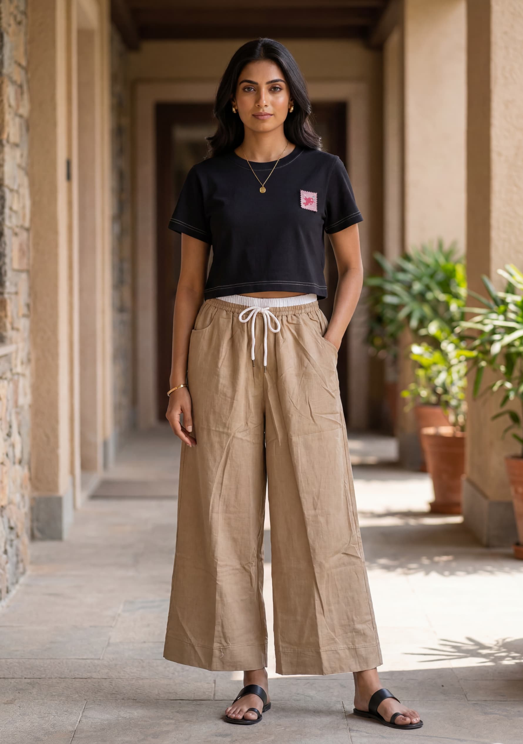 Coastal Wide-Leg Pants (Beige)