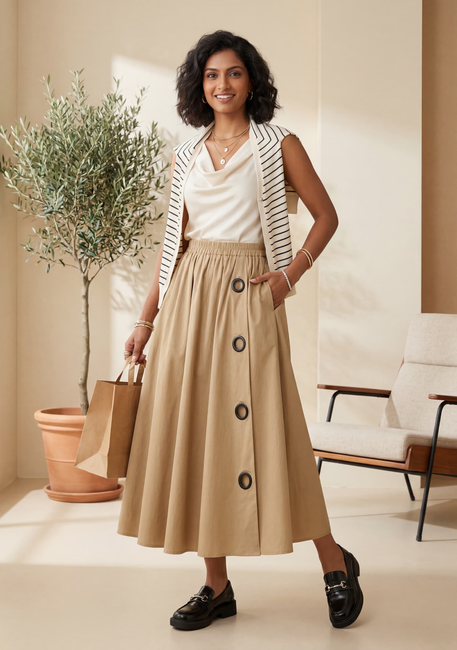 Evara Midi Skirt (Beige)